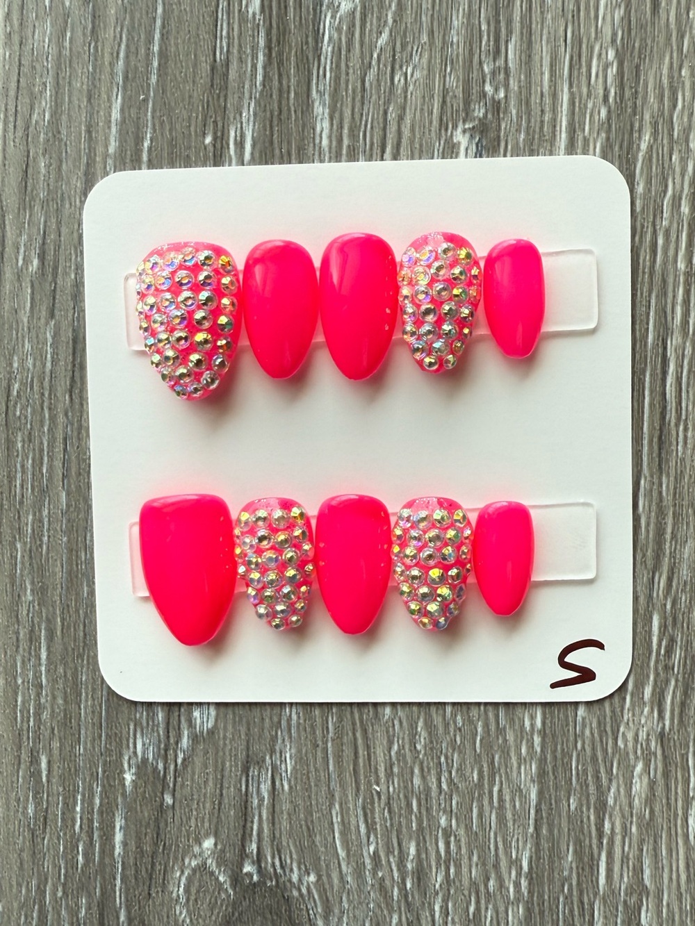 Neon Pink Rhinestone Press-On Nail Set